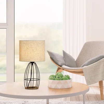Creative Hollow Chrome Metal Base Linen Lampshade Small Table Lamp Black Frame Base | Wayfair North America
