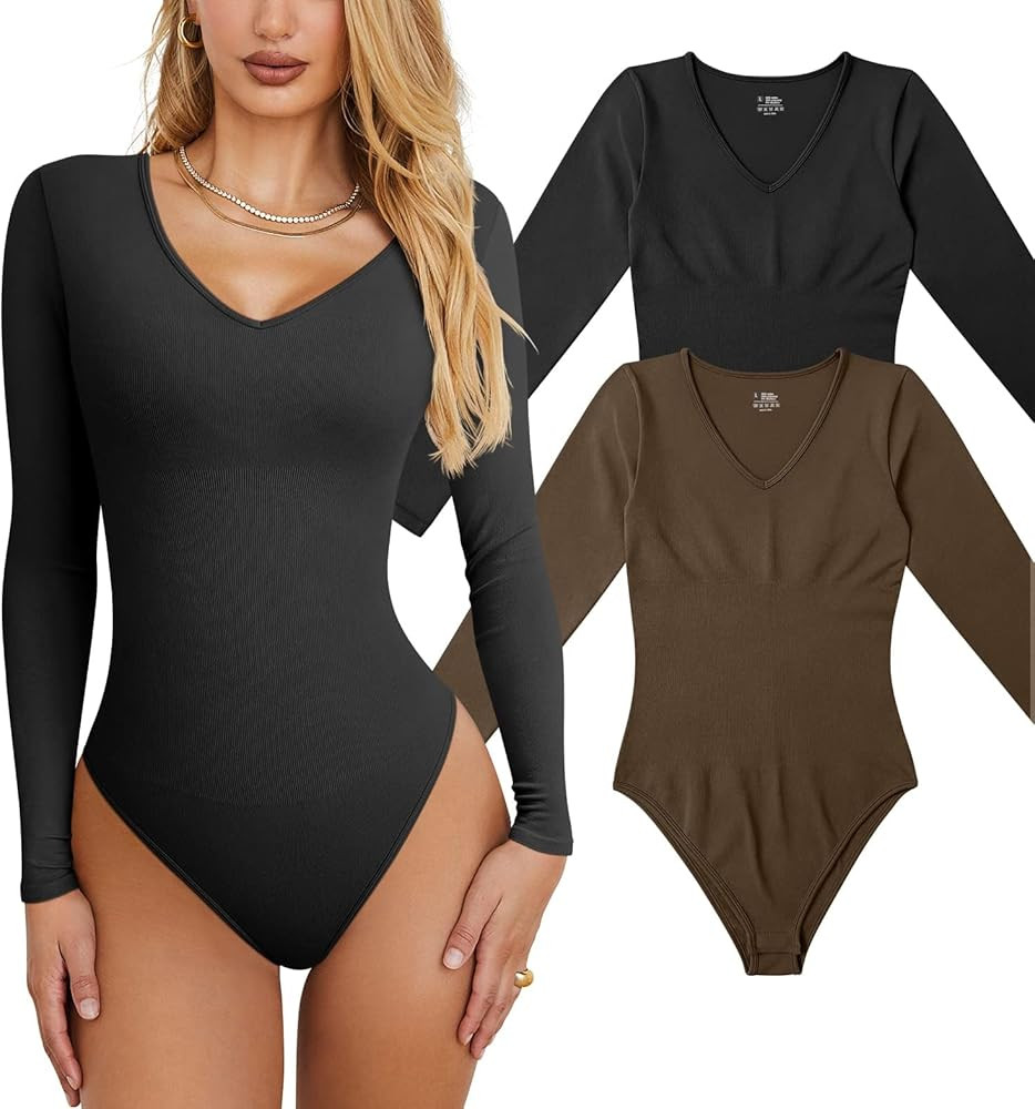 OQQ Women's 2 Piece Bodysuits Sexy Ribbed T Shirt One Piece V Neck Long Sleeve Bodysuits | Amazon (US)