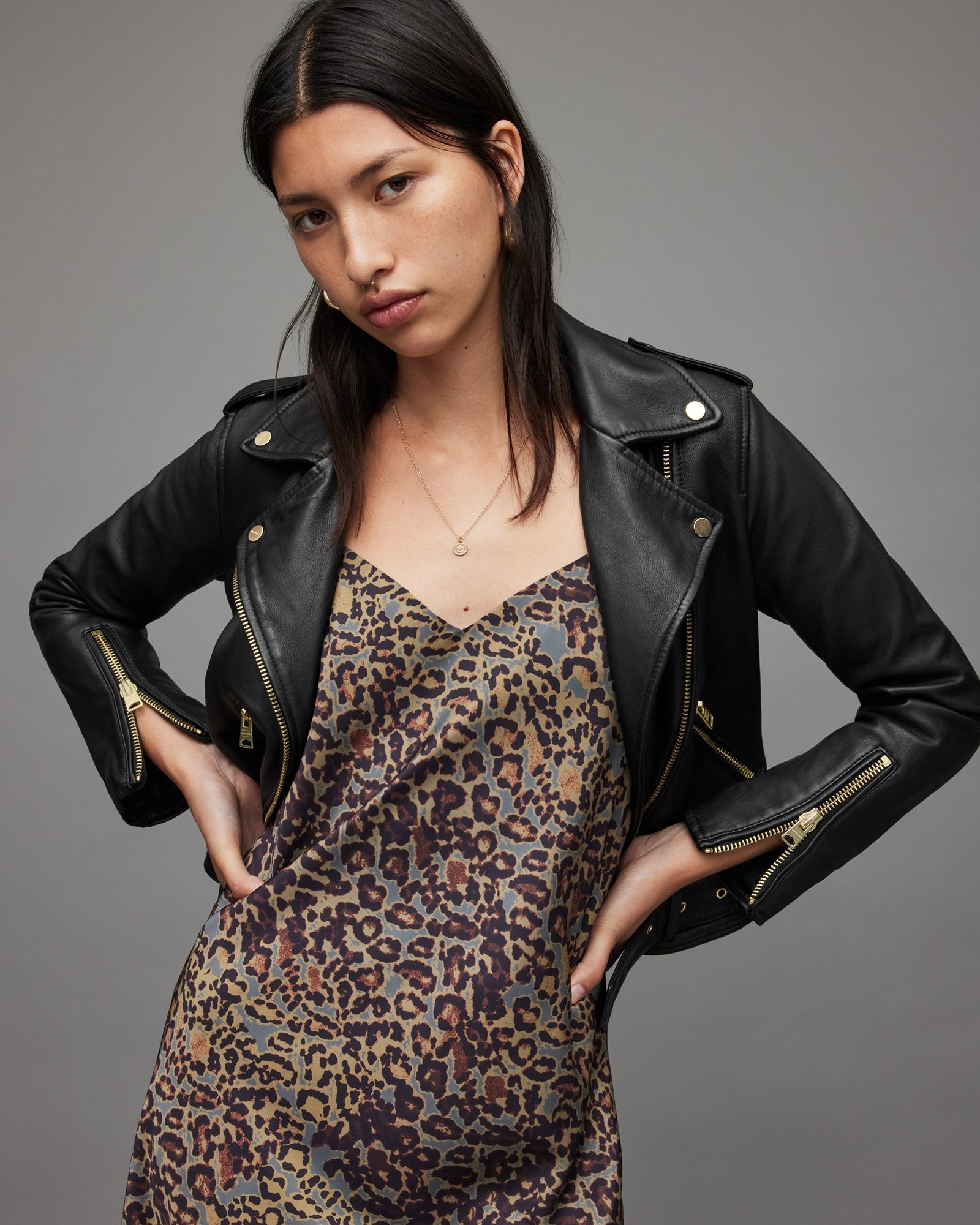 Balfern Gold Leather Biker Jacket | AllSaints US