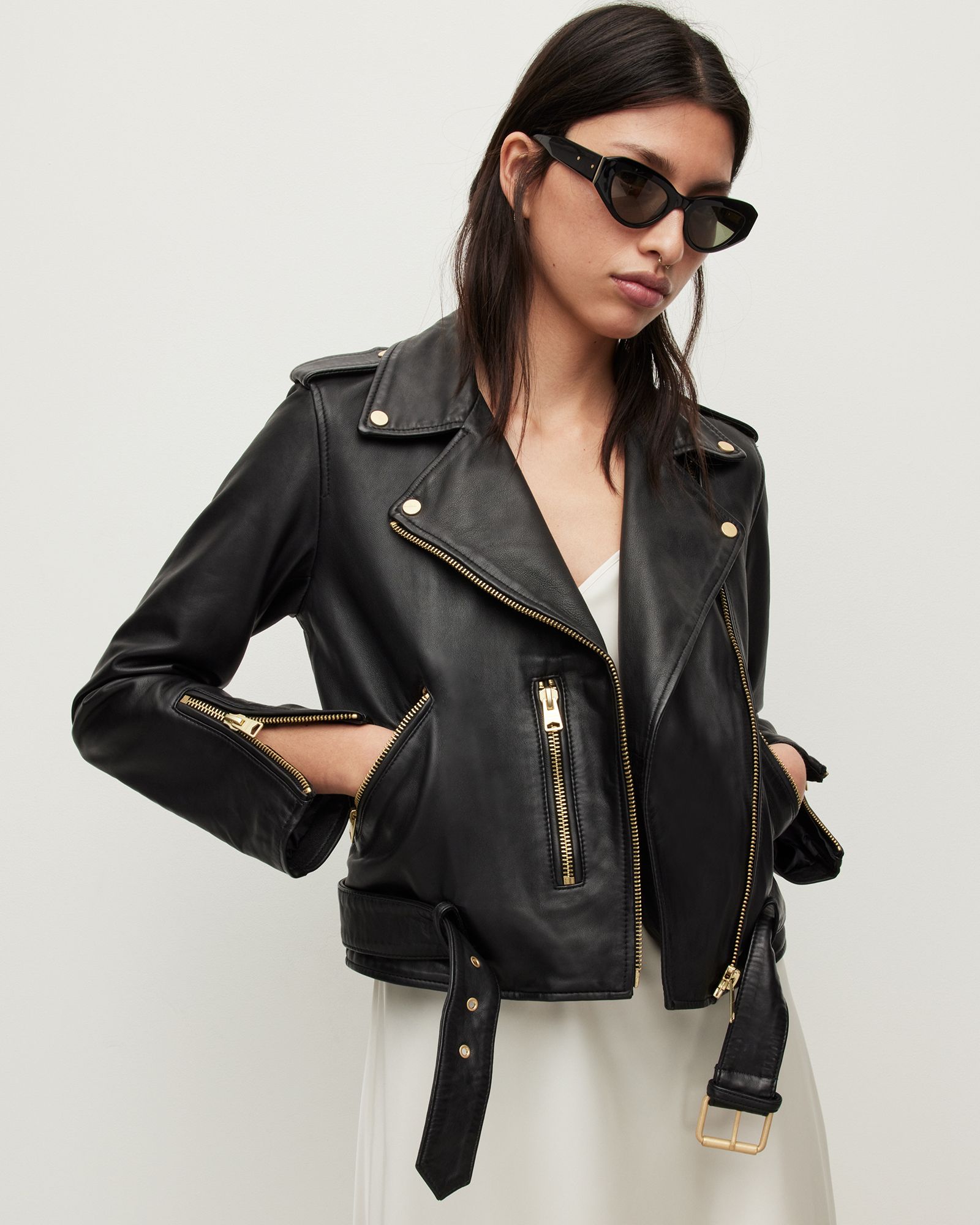 Balfern Gold Leather Biker Jacket | AllSaints US