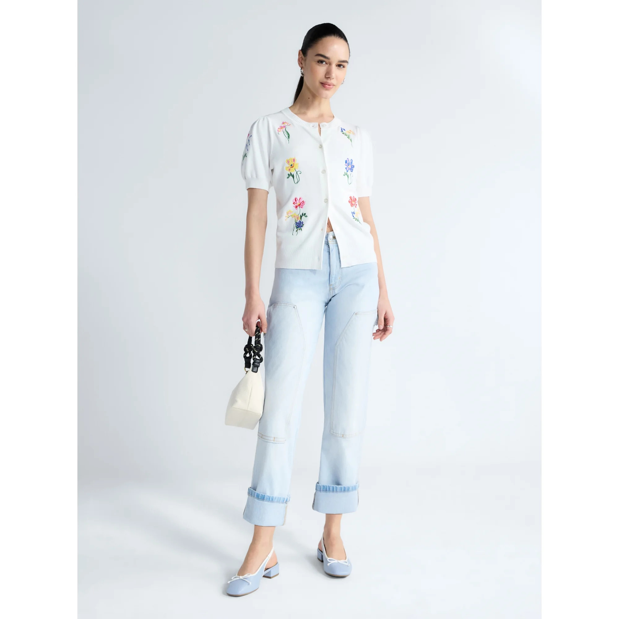 Free Assembly Women's and Women's Plus Embroidered Cardigan Sweater with Puff Sleeves, Lightweigh... | Walmart (US)