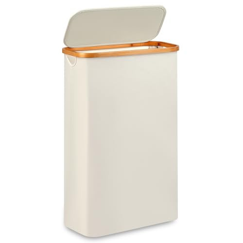 Merkisa Slim Laundry Hamper,Narrow laundry Hamper with Lid,60L Hamper for Laundry,Dirty Cloth Hamper with Bamboo Handle for Towels, Clothes Organizing,Beige | Amazon (US)