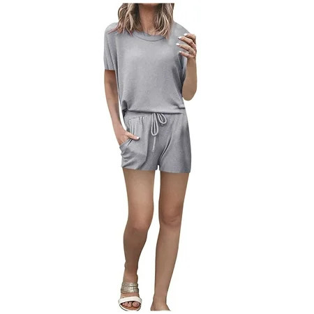 wendunide women s pants Women Fashion O-neck Solid Pullover Short Sleeve Bandage Loose Pants Sweatsu | Walmart (US)