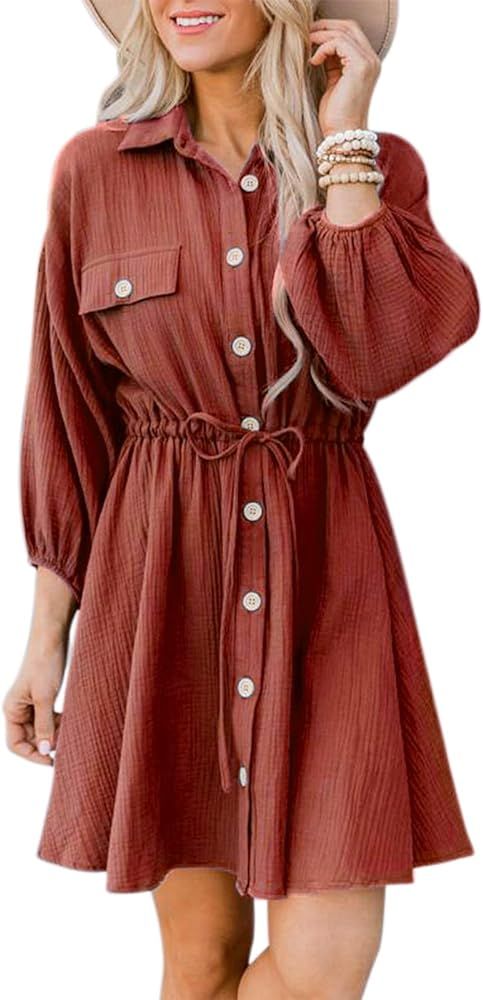 SHIBEVER Women's Floral V Neck Dress Casual Tunic Long Sleeve Ruffle Swing Party Mini Dresses | Amazon (US)