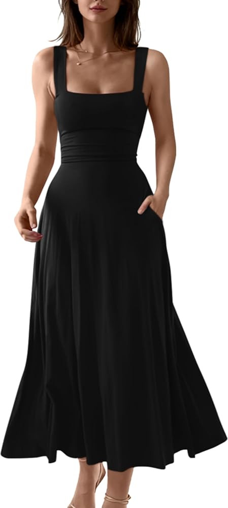 OYS Women's Casual Sleeveless Square Neck A-Line Solid Slim Flowy Long Corset Dress with Pockets | Amazon (US)