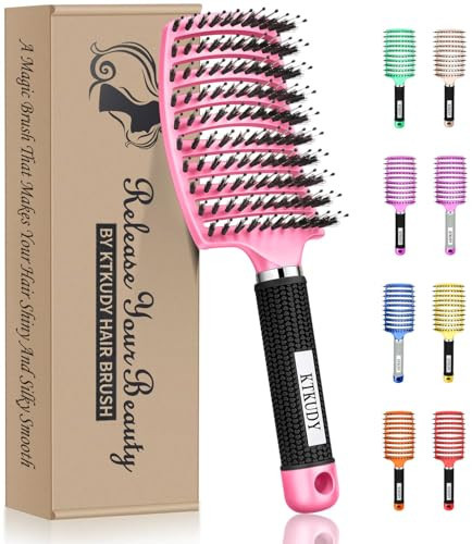KTKUDY Detangling Brush Boar Bristles Hairbrush Make Hair Shiny & Healthier Curved and Vented Detangler Brush for Women Men Kids Wet & Dry Hair (Pink) | Amazon (US)