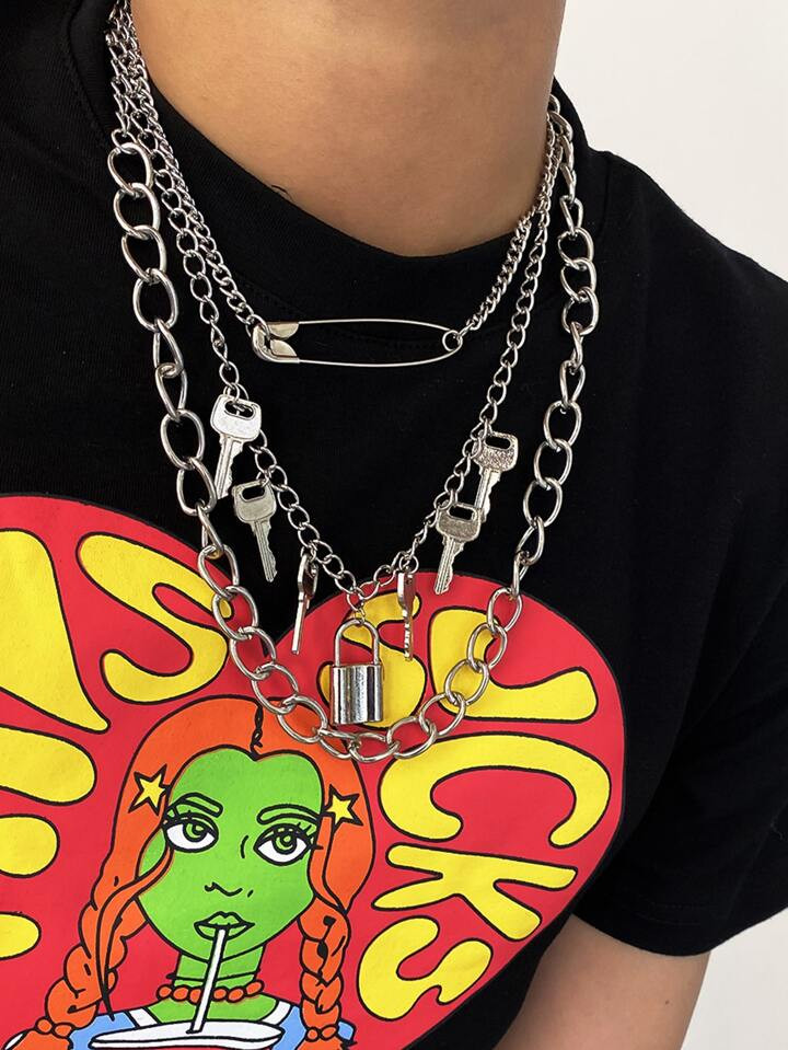 3pcs Lock & Key Charm Chain Necklace | SHEIN USA | SHEIN