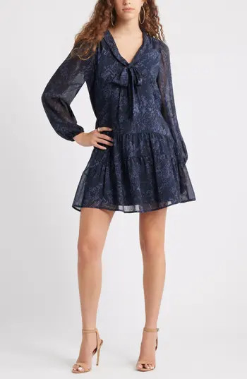 Chelsea28 Metallic Tie Neck Long Sleeve Tiered Dress in Navy Sara Snake at Nordstrom Rack, Size Large | Nordstrom Rack