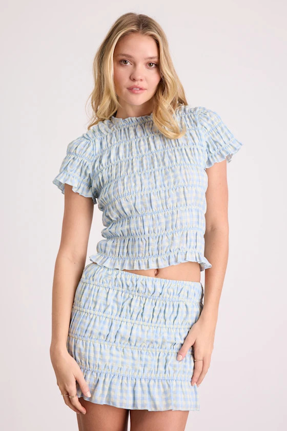 Celera Light Blue Gingham Smocked Top | Lulus