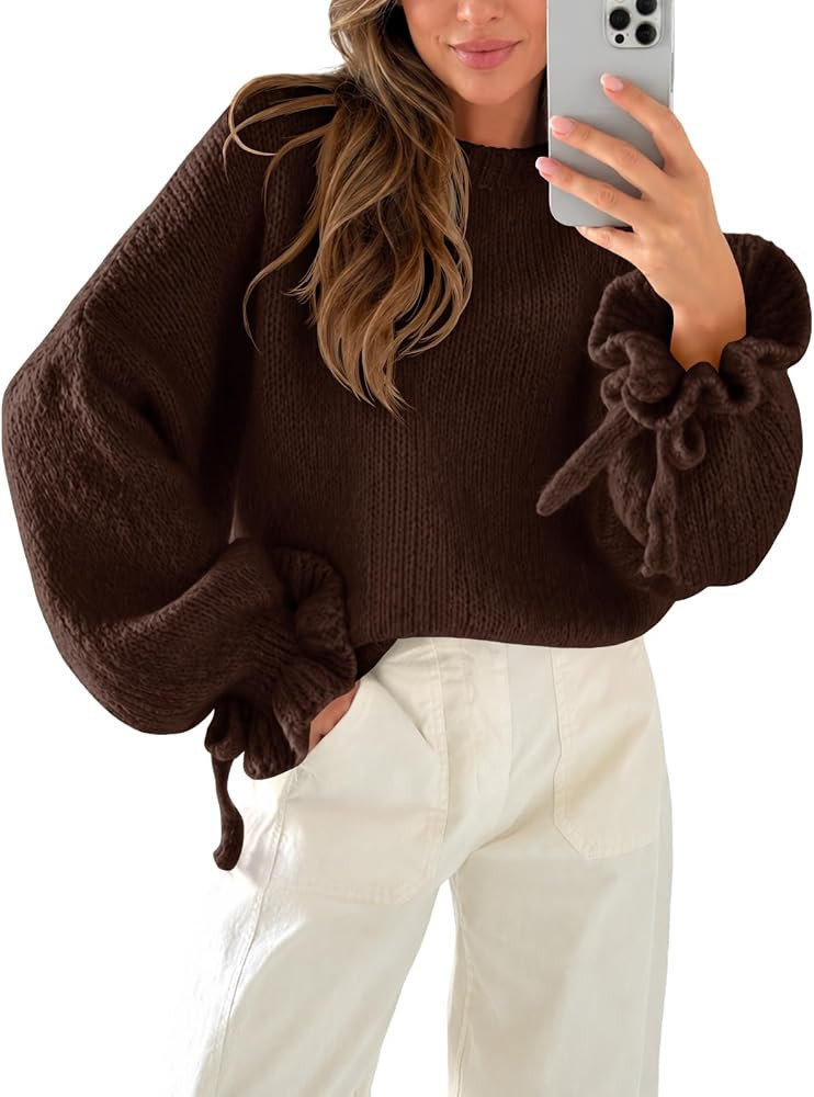 Saodimallsu Womens Ruffle Sleeve Sweater Oversized Chunky Fall Pullover Top | Amazon (US)