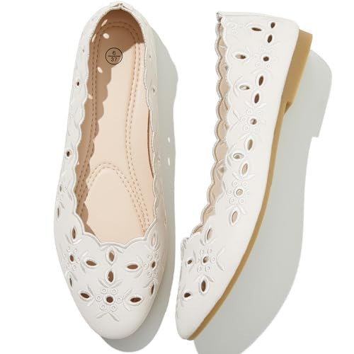 Shupua Flats for Women Ballet Flats Shoes Women’s Comfortable Dress Shoes Slip on Shoes Women Black Round Toe PU Leather Flat Summer with Floral Eyelets(Beige.us8) | Amazon (US)