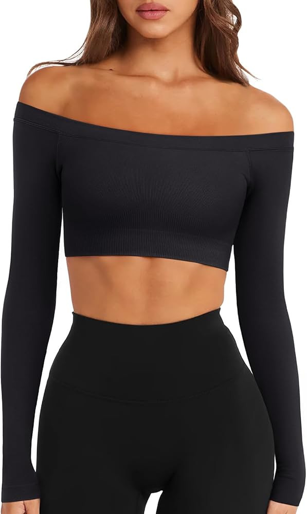 LASLULU Womens Off The Shoulder Tops Seamless Long Sleeve Workout Crop Top Sexy Gym Yoga Going Ou... | Amazon (US)
