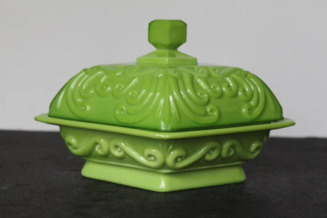 Vintage Green Milk Glass Diamond Trinket Dish. Chartreuse, Scroll Work, Minor Chips, Unique, Rare... | Etsy (US)