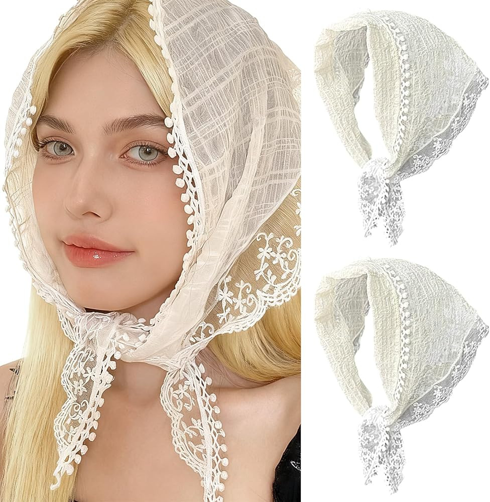 2 Pcs Lace Head Scarf for Women, Vintage Bandana Hair Scarf Headband, Stylish Lace Head Kerchief ... | Amazon (US)