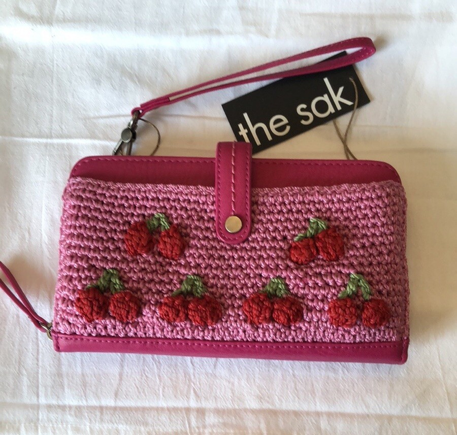 The Sak Iris Large Smart Phone Crossbody Pink Faux Leather Crochet Cherries NWT  | eBay | eBay US