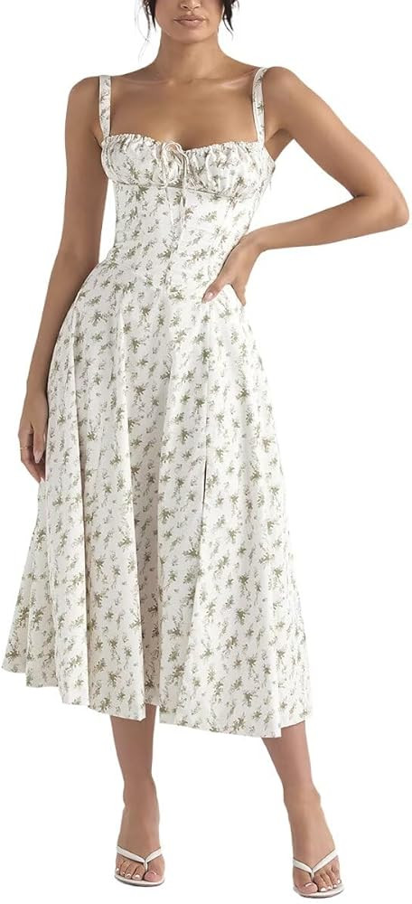Women Floral Corset Dress Summer Dress 2024 Boho Flowy Slit Lace Up Midi Dresses Going Out A Line... | Amazon (US)