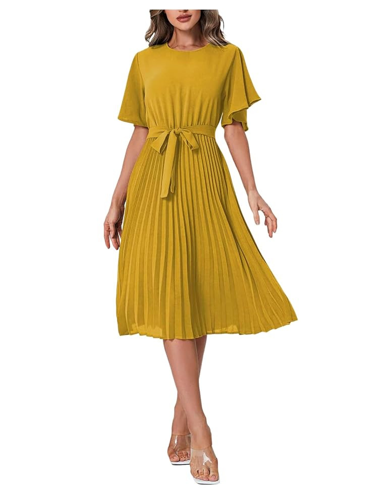 Milumia Women's Crew Neck Flutter Sleeve Sundress Belted Pleated Elegant Midi Dresses | Amazon (US)