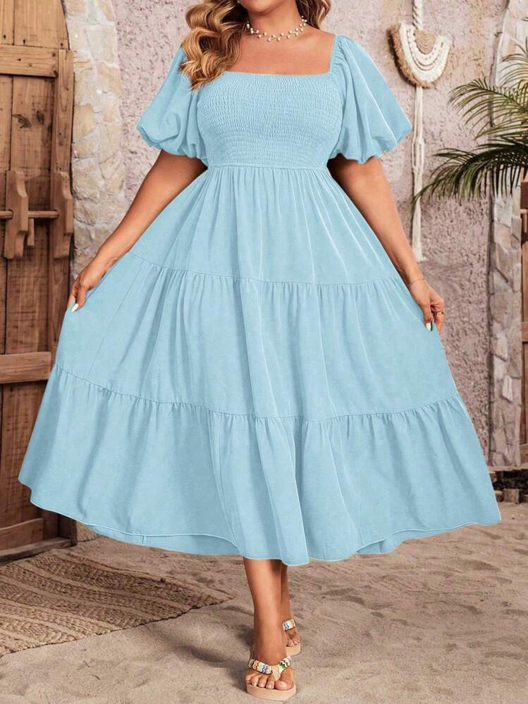 Celure Plus Size Women Vacation Leisure Solid Color Bubble Sleeve Wrap Waist Dress Women Outfit, For Summer | SHEIN