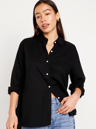 Linen-Blend Button-Down Boyfriend Shirt | Old Navy (US)