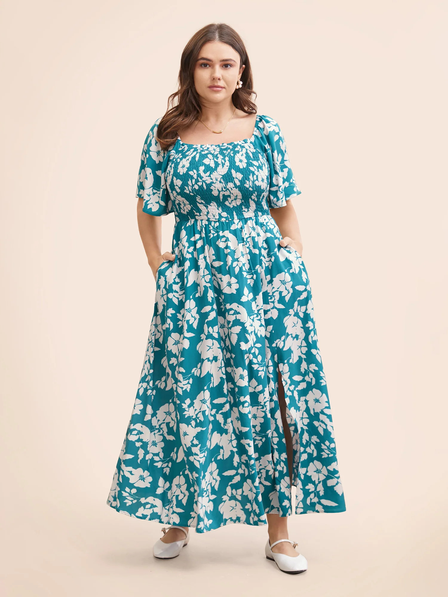 Silhouette Floral Print Shirred Frill Trim Dress | Bloomchic