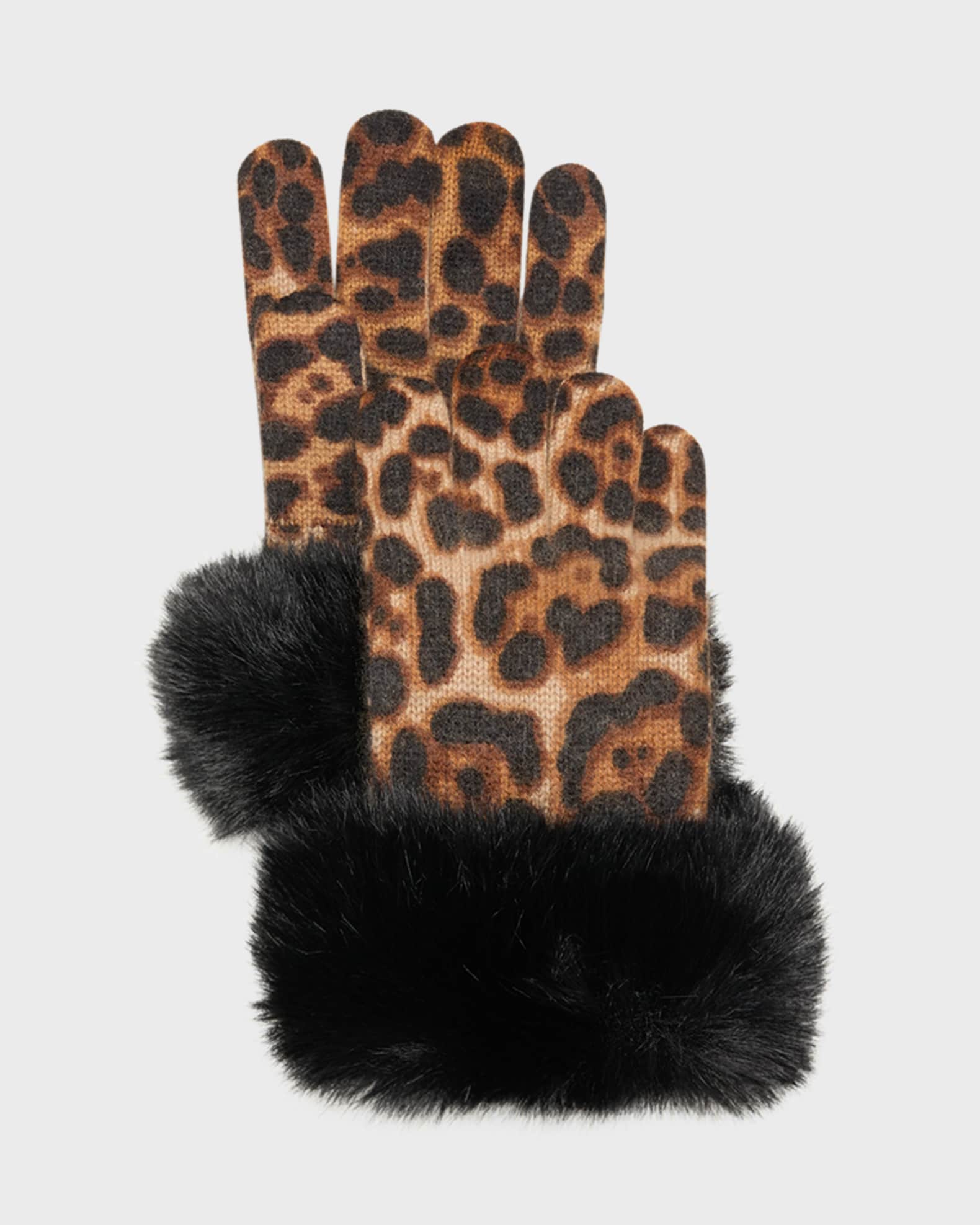 Leopard Print Cashmere Gloves w/ Faux Fur Cuffs | Neiman Marcus