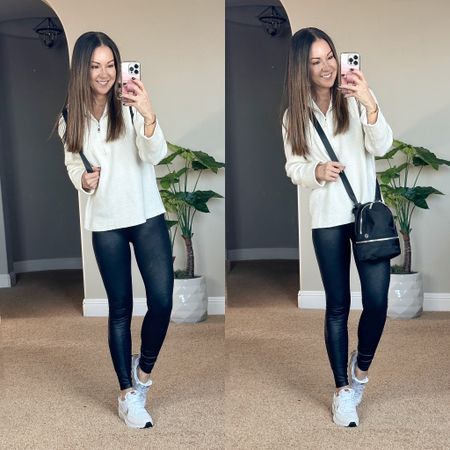 💥Flash Sale! Save 30% code code: 30OUS3GC on this Half Zip Pullover Sweater in solid white size small, comes in a ton of colors and striped options. CRZ yoga matte faux leather leggings xs, the best no-show socks, convertible Lululemon backpack. Casual everyday style.
Nike waffle Debut sneakers, go up a 1/2 size.  If you want the blinged version save $15 code Everydayholly contact @classbylauren
Travel outfit | everyday outfit | leggings | pullover outfit 

#LTKtravel #LTKshoecrush #LTKsalealert