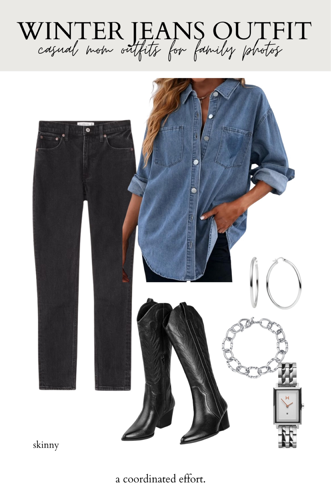 Mission: look for outfits I can make work for multiple things!! I need a winter jeans outfit, casual winter family photo outfit, and a way to make my black skinny jeans work in winter 2025!!
.
.
Black skinny jeans
Denim button up shirt 
Black cowboy boots
Holiday outfit for moms

#LTKFamily #LTKHoliday #LTKSeasonal