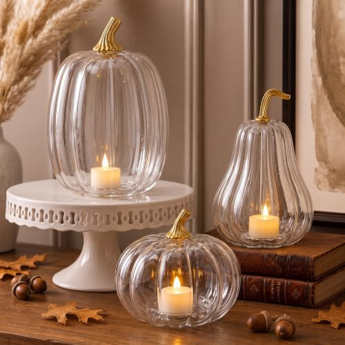 Yungyan Set of 3 Glass Pumpkin Fall Decor Table Centerpiece, Clear | Amazon (US)