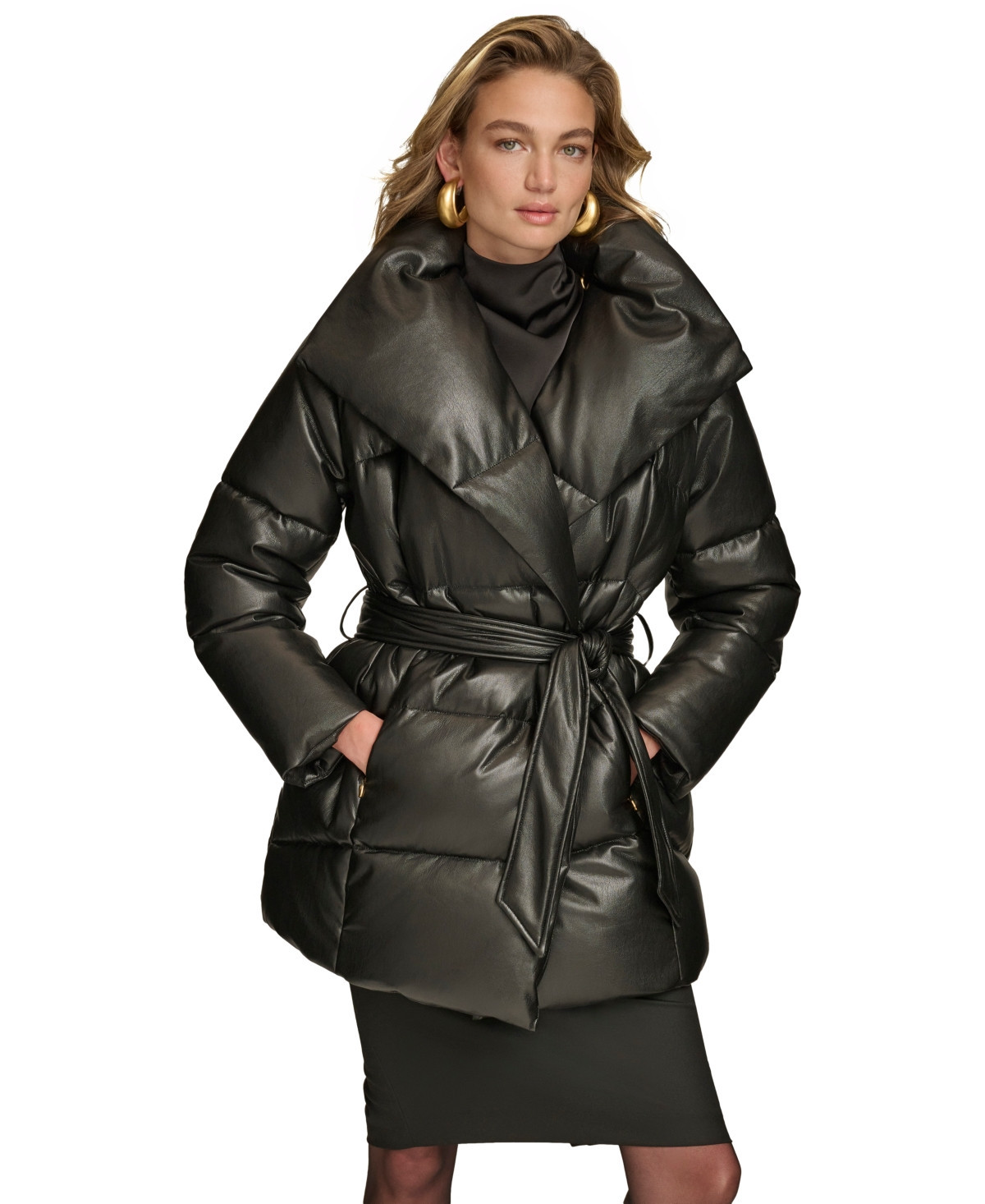 Donna Karan New York Women's Belted Wing-Collar Coat, Created for Macy's - Black Faux Leather | Macy's