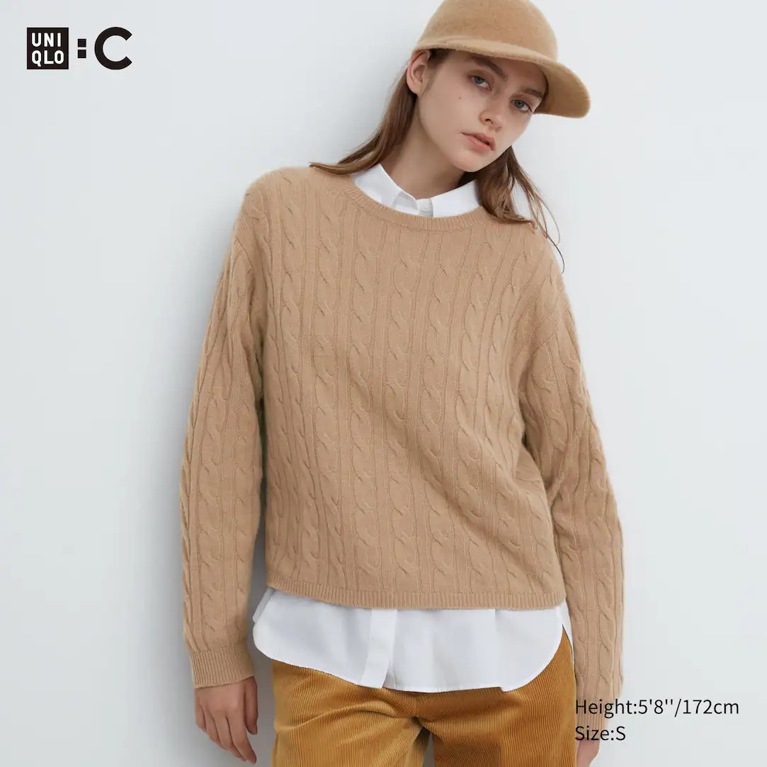 100% Cashmere Cable Knit Crew Neck Cropped Jumper | UNIQLO (UK)