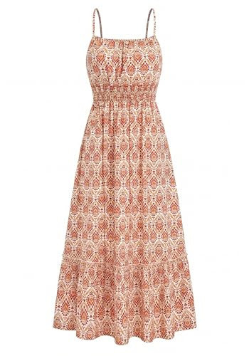 BTFBM Summer Dresses for Women 2026 Sleeveless Spaghetti Strap High Waist Boho Beach Vacation Clothes Spring Maxi Dress(Apricot Geometry, Small) | Amazon (US)