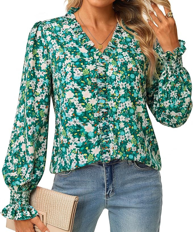 GRACE KARIN Womens Boho Tops Dressy Casual Ruffle Chiffon Blouses | V Neck, Long Lantern Sleeve, ... | Amazon (US)