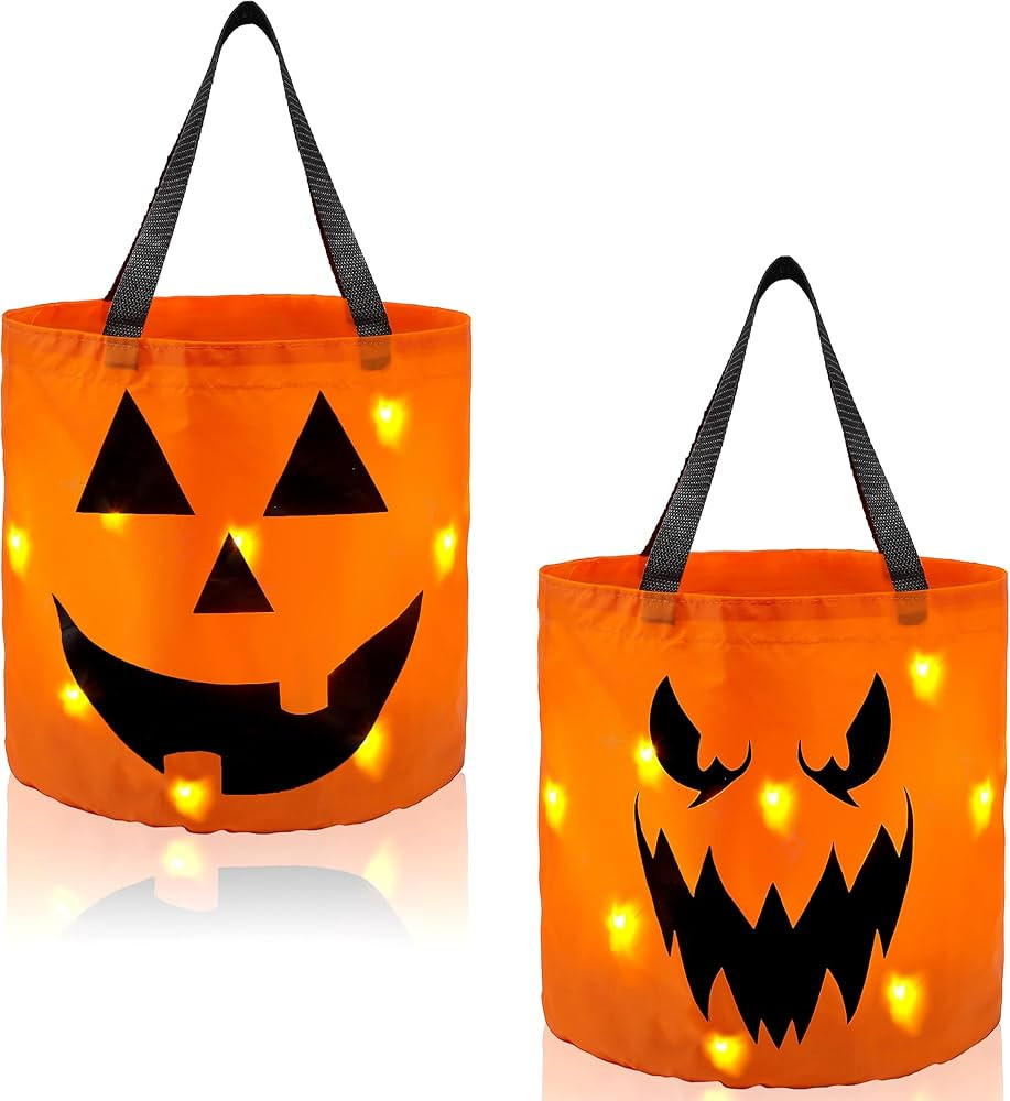 JOYIN 2 PCS Halloween Trick or Treat Bags 10 x 11.8 inches LED Light Orange Pumpkin Buckets Reusa... | Amazon (US)