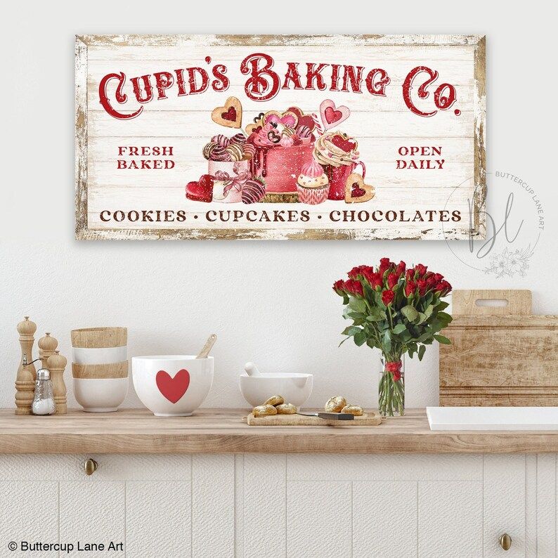 Cupid's Baking Co. Valentine's Day Sign, Valentines Rustic Kitchen Sign, Farmhouse Kitchen Wall A... | Etsy (US)