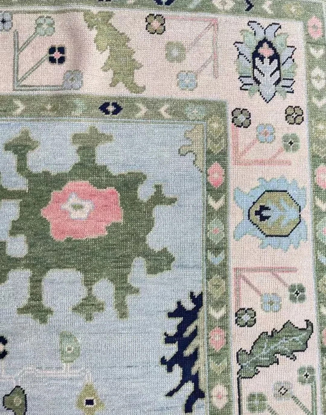 Blue beige with pink and green Oushak Made to Order (In Any Size!!!!!) Geometric Knotted Modern O... | Etsy (US)