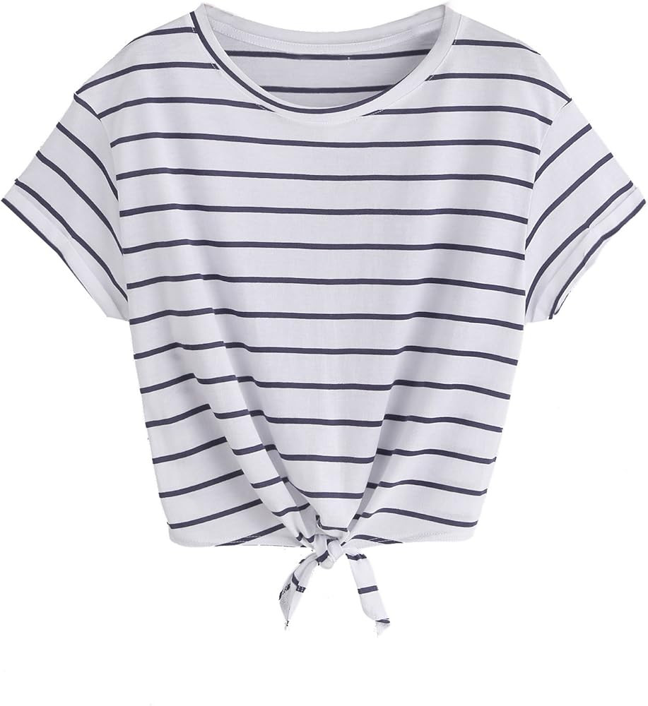 Romwe Women's Knot Front Cuffed Sleeve Striped Crop Top Tee T-Shirt | Amazon (US)