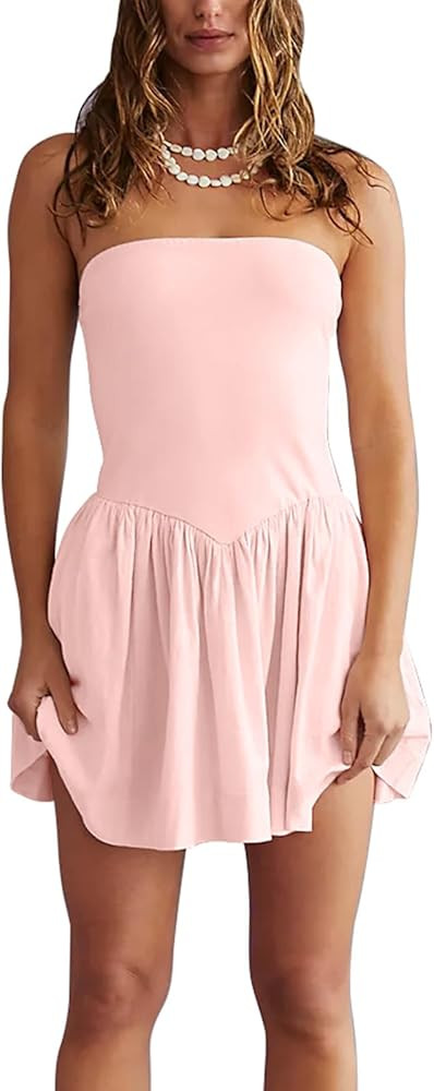 Summer Solid Strapless Mini Dress for Women Tube Top Dresses Patchwork Pleated Drop Waist Flared ... | Amazon (US)
