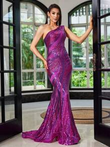 LOVE&LEMONADE Fuchsia Sequin Shoulder Dress For Women | SHEIN