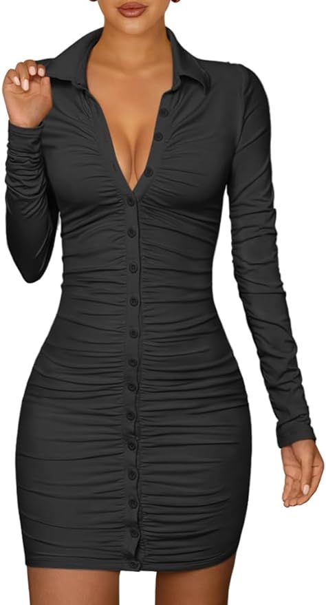 DAAWENXI Women's Sexy Long Sleeve Ruched Button Down Front Mini Shirts Dress | Amazon (US)