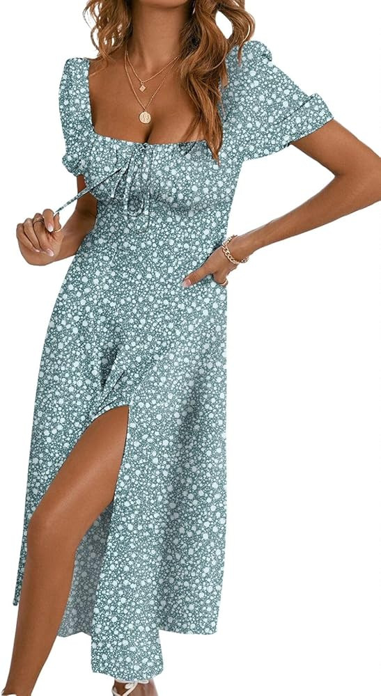 BLENCOT Casual Womens Summer Short Sleeve Square Neck Split Midi Dresses | Amazon (US)