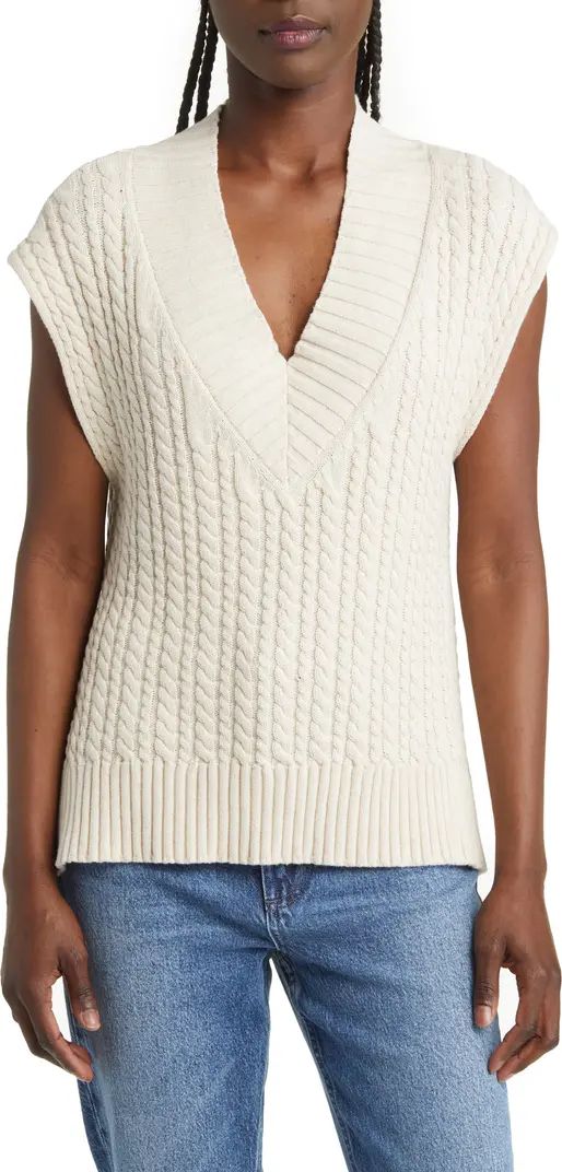 Mozart Cable Stitch Cap Sleeve V-Neck Sweater | Nordstrom