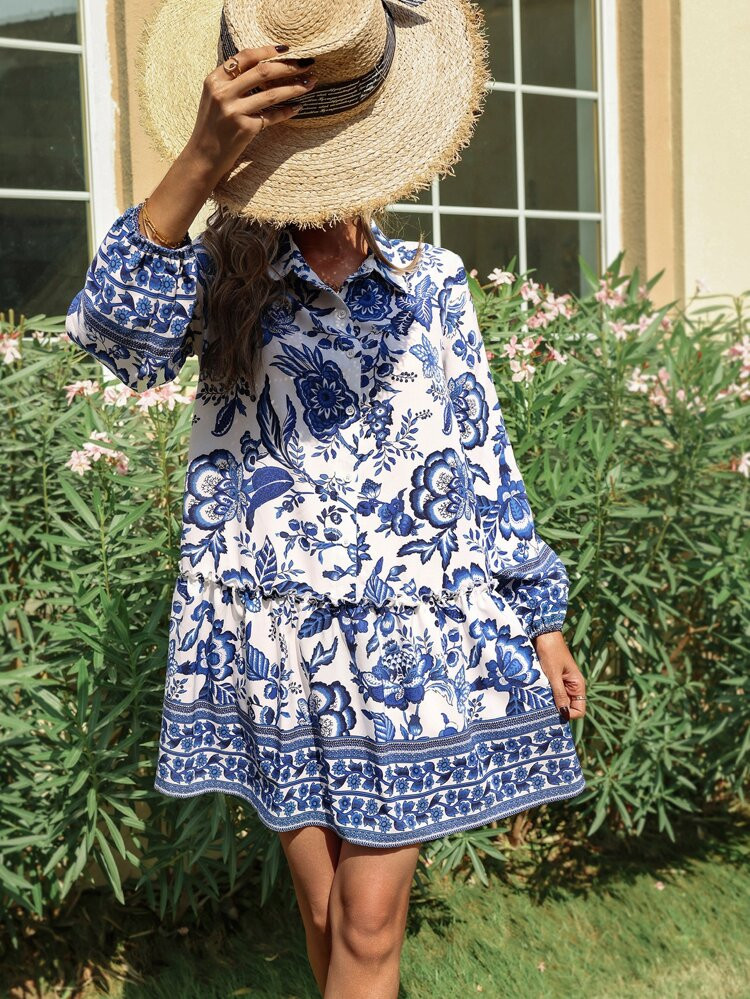 Floral Print Frill Trim Smock Dress | SHEIN