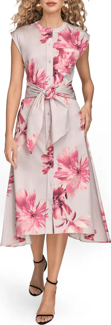 Floral Tie Front Cap Sleeve Stretch Cotton Shirtdress | Nordstrom