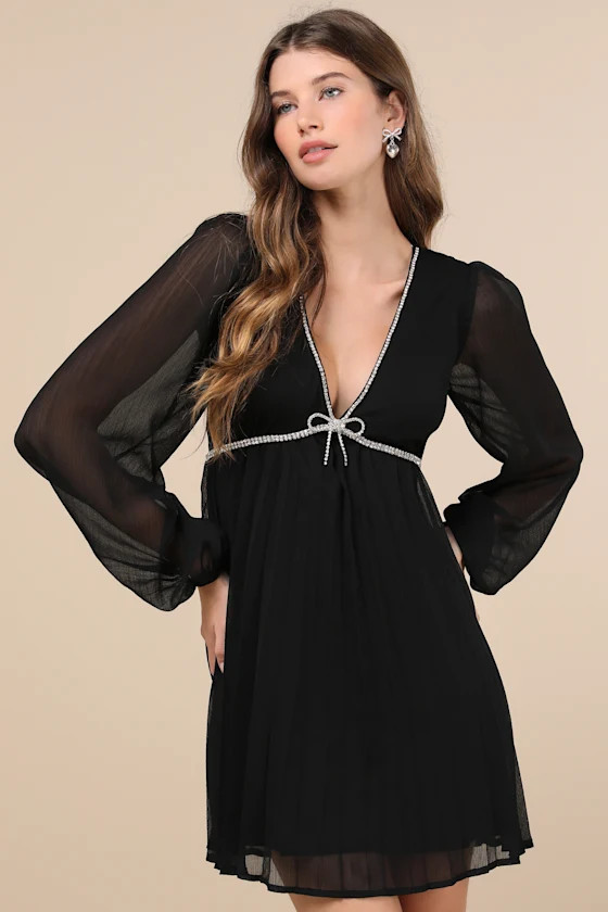 Stylish Shine Black Rhinestone Bow Long Sleeve Mini Dress | Lulus