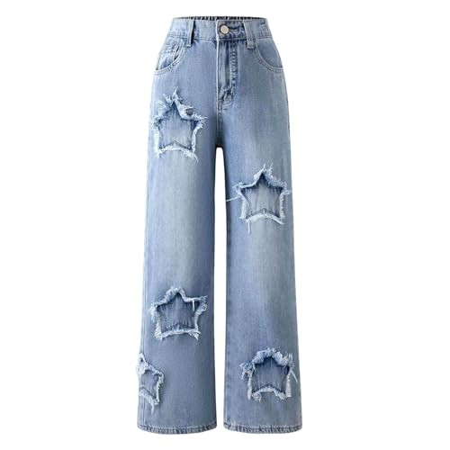 Cute Jeans for Teen Girls,Bow Jeans for Girls Wide Leg Baggy Denim Pants Cute High Waisted Trousers Kids Casual Y2K Streetwear With Pockets 6-14Y Blue 03 160 | Amazon (US)