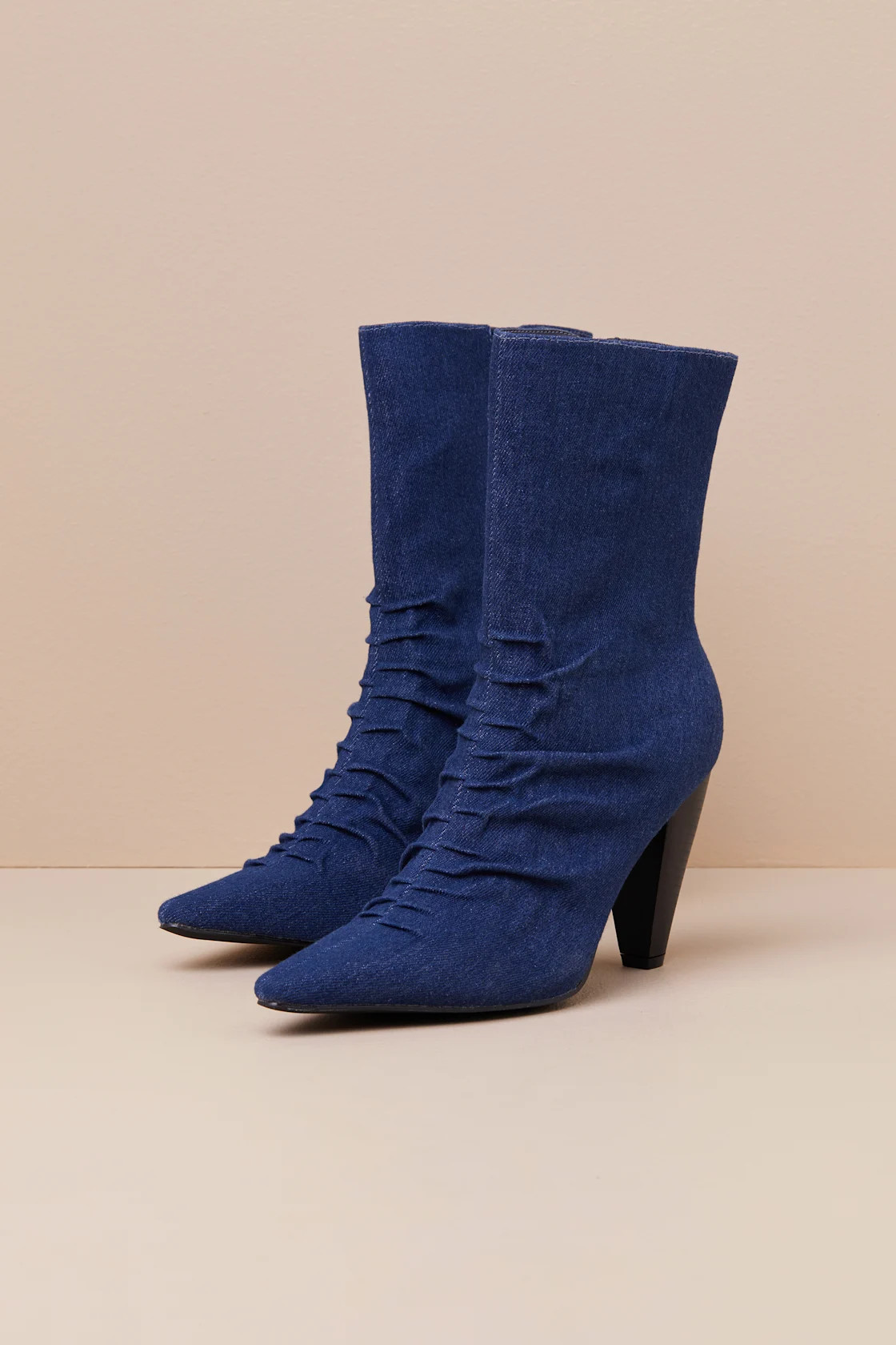 Klint Denim Ruched Pointed-Toe Ankle Boots | Lulus