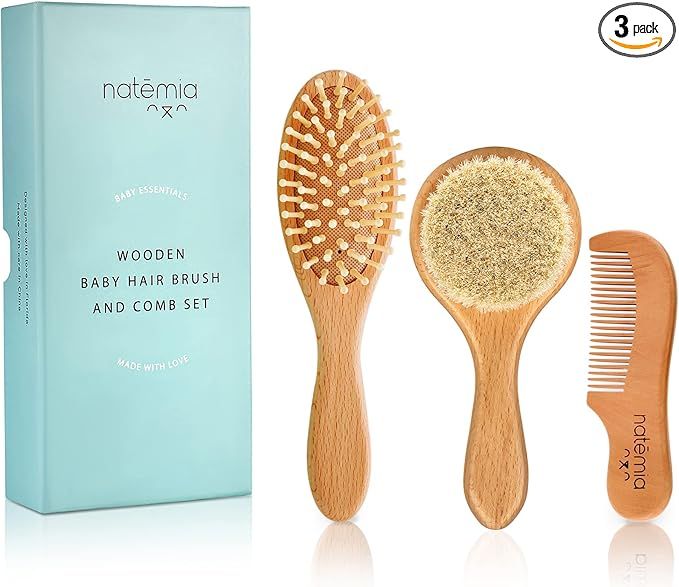 Natemia Wooden Baby Hair Brush Set - Gentle Natural Soft Bristles for Newborns & Toddlers - Ideal... | Amazon (US)