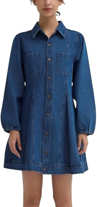 D-Sun Women's Denim Dress Puff Long Sleeve Button Down Casual Babydoll Jean Shirt Mini Dress Tren... | Amazon (US)