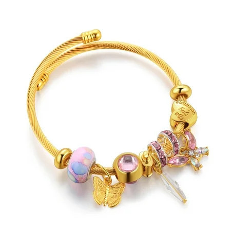 Pink Butterfly Charm Bracelet for Women Girls DIY Crystal Beads Bangle Gold Plated Adjustable Chain | Walmart (US)
