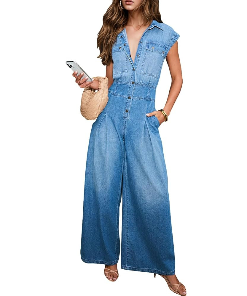 Denim Jumpsuit for Women Loose High Waisted Sleeveless Lapel Buttons Wide Leg Jean Rompers | Amazon (US)